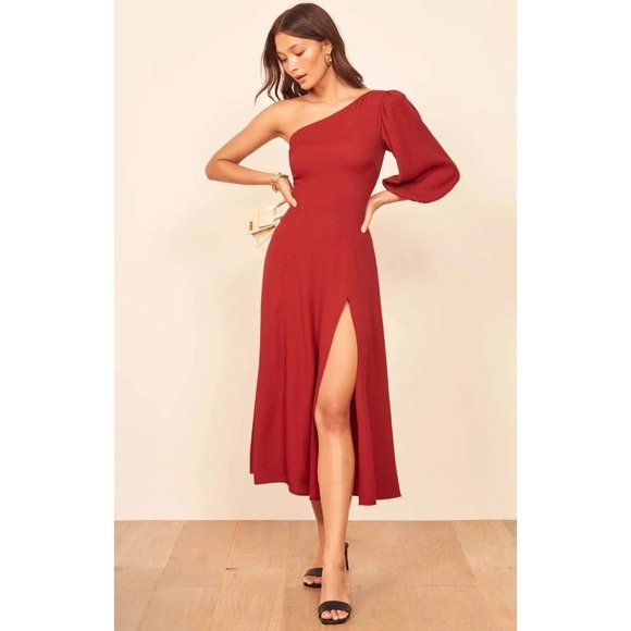 Reformation Dresses & Skirts - Reformation Lawrence Crimson High Slit One Shoulder Midi Dress Size 8 Sexy NEW